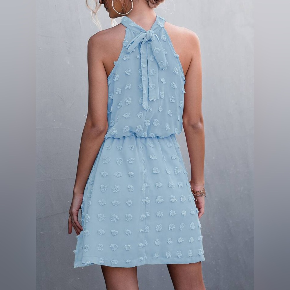 Beachsissi women baby blue swiss dot tie back halter mini dress size medium